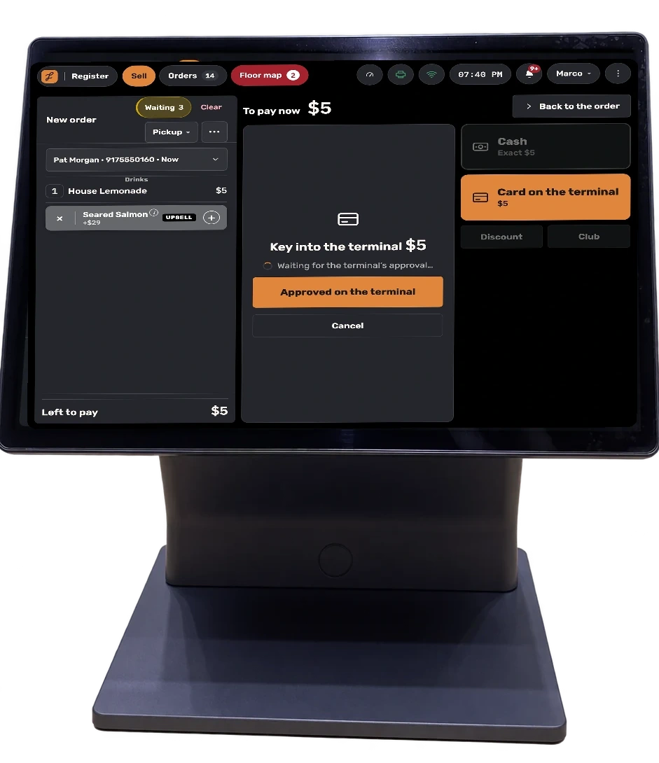 Front view of the Jooule POS waiting for card-terminal approval