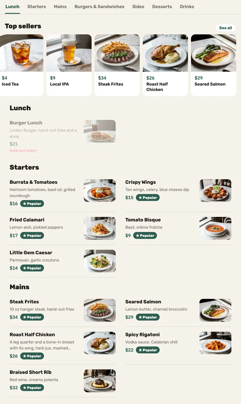 The digital menu on a tablet at the table