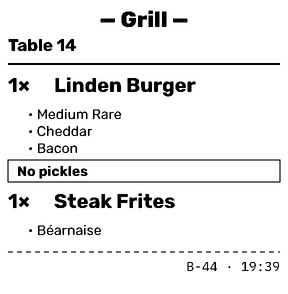 A printed kitchen ticket, with the choices and changes